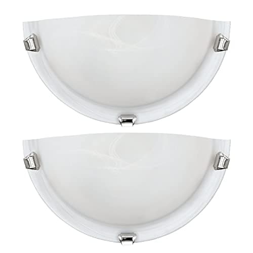 Image of Britalia 2 Pack - White Alabaster Glass & Polished Chrome Clips Decorative Half Moon Flush Wall Light | 30cm Width | 1 x ES E27 Lamp Bulb Required (Not Included) | Home or Office Use