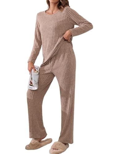 Image of TIANZHU Women's Homewear Set Cozy Comfy Loungewear Pajamas for Women Ribbed Crewneck Casual Leisure Bedwear 2 Piece Set, Coffee, Size 24-26