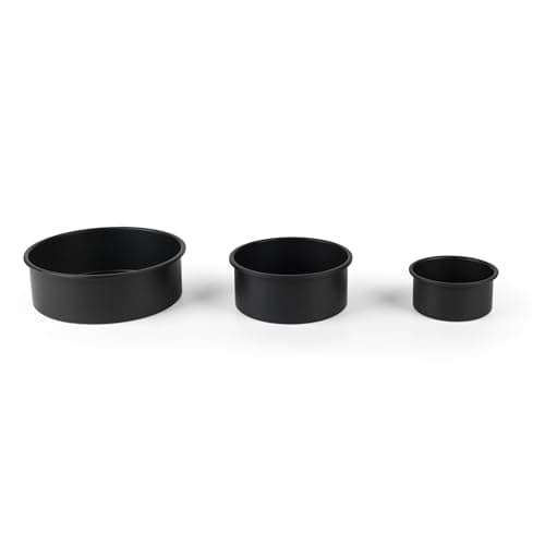 Image of Salter Bakes Cake Tin Set – 3-Piece Round Pans, Non-Stick Baking Tins, Oven Safe Up to 220°C, Cake Moulds, PFOA-Free, Deep Straight Sides, 12/16/21 cm, Sponge/Wedding/Birthday Cakes, Black