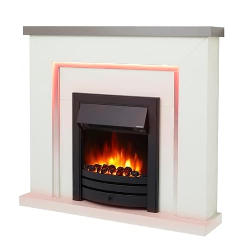 Image of Endeavour Fires Bempton 42" Electric Fireplace Suite with Flame Effect & Coal Bed, Remote Control, Custom Surround, 13-Colour LED Lighting, Eco Heater, Grey Top/White Hearth/Black Fire