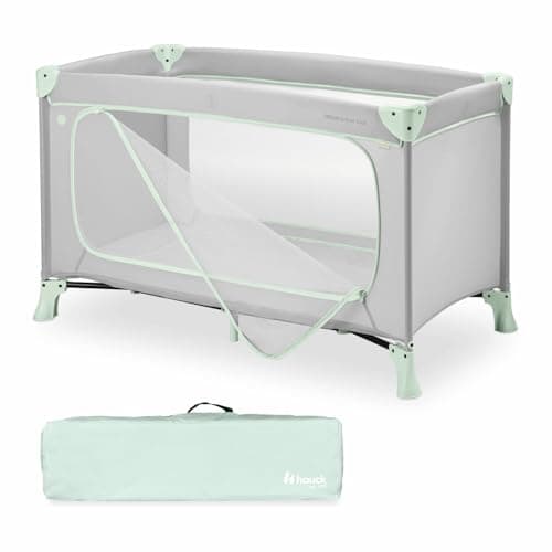 Image of hauck Dream N Play PLUS, Dusty Mint - Travel Cot for Babies & Toddlers with XL Hatch, Travel Bag, Lightweight, Fast & Compact Folding, 120cm x 60cm, from Birth up to 15 kg