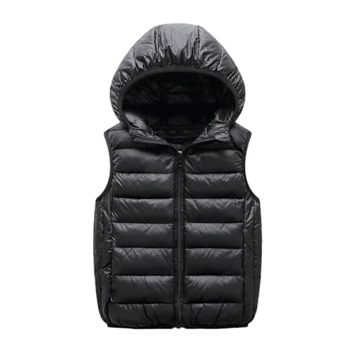 Image of duxyoz Kids Boys Girls Puffer Hooded Vest Winter Warm Sleeveless Padded Gilets Thick Jacket Solid Color Zip-Up Outwear Thermal Lightweight Winter Coat Outdoor Waistcoat Windproof 7-8 Years