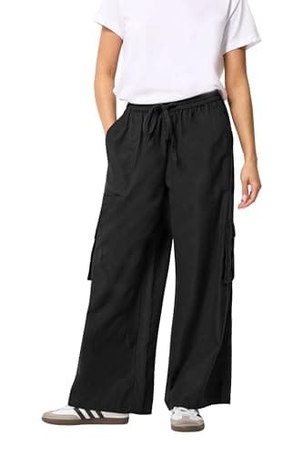 Image of PixieGirl Petite Black Linen Cargo Wide Leg Trousers Petite