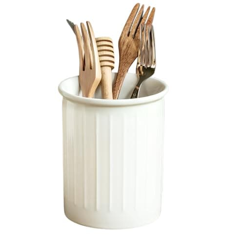 Image of Anseom White Ceramic Utensil Holder for Kitchen Countertop, Farmhouse Decor, H13.4 x D10.8 cm