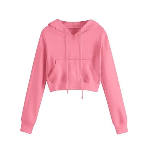 Image of Pink Womens Cropped Hoodie Causal Cropped Hoody Hooded Sweatshirt Long Sleeve Lace Up Neck Pullover Crop Tops Ladies Workout Joggers Dancing Hoodies Y2K Fashion Teen Girls Outfit