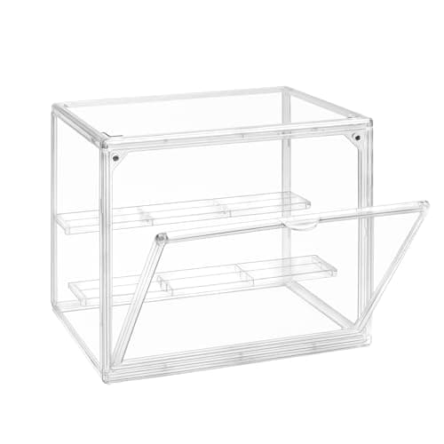 Image of TSKDKIT Acrylic Display Case with Removable 2-Tier Shelves, Clear Display Box Dustproof Display Case with Openable Door for Figures, Models & Crafts, Easy to assemble, 27 x 22 x 18cm