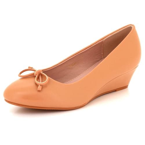 Image of Womens Patent Wedge Heel Pumps Comfortable Slip-On Bow Accent Lightweight Office Work Formal Casual Ladies Court Nude PU Shoes Size 6 UK 39 EU