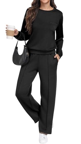 Image of GRECERELLE Tracksuit Womens Full Set Autumn Long Sleeve Lounge Wear Sets for Women Two Piece Outfits Activewear Casual Crew Neck Pullover Tops and Jogging Bottoms with Pockets (Black, L)
