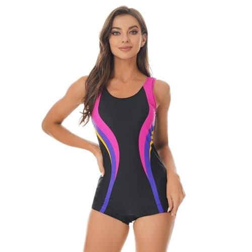 Image of Fjquamitix Swimming Costume Women Backless Sports One Piece Swimsuit for Women Removable Cups Wide Straps Conservative Swimsuit with Shorts for Beach Surfing (UK, Alpha, L, Regular, Regular, Black)