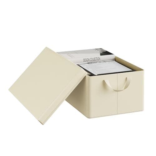 Image of WOLTU Storage Box Set of 1, Fabric Storage Basket with Removable Lid, Folding Storage Organiser with Handle, Cream, 48 x 29 x 20 cm, ABB02cm-1-UK