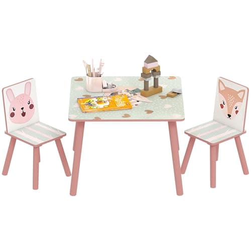 Image of ZONEKIZ Kids Table and Chair Set, Toddler Table with 2 Chairs, 3 Pieces Toddler Activity Furniture Set for Bedroom, Nursery, Playroom, Pink
