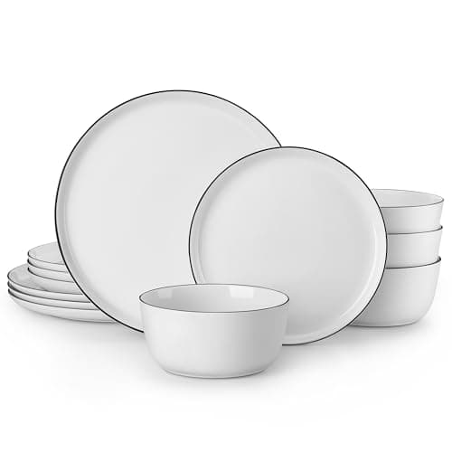 Image of MALACASA Dinner Set, 12 Pieces Ceramic Dinnerware Service for 4, White and Black Rim Porcelain Crockery Set, Include Plates and Bowls, Premium Ceramic Dinnerware Sets, Lexi Series
