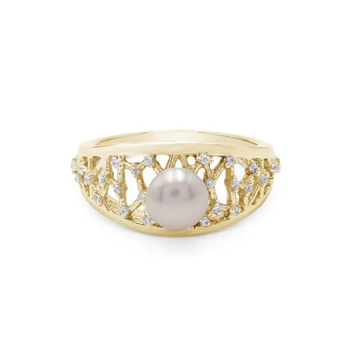 Image of 925 Sterling Silver Pearl Ring – 7mm Round Natural Mother of Pearl, Elegant Statement Ring for Women Yellow Gold_O 1/2_56 (17.80)
