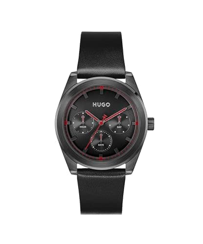 Image of HUGO Analogue Multifunction Quartz Watch for Men #Bright Sport Collection with Black Leather Strap - 1530423