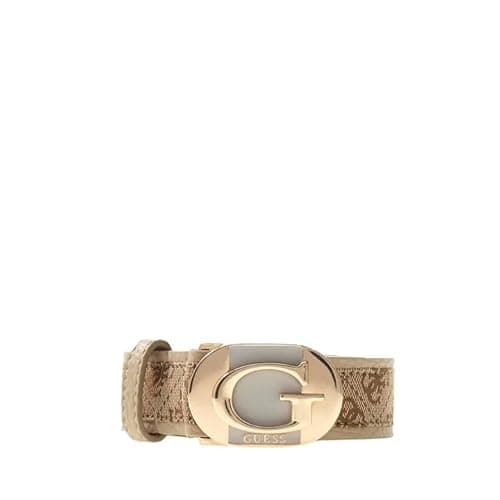 Image of GUESS Belt with Buckle Logo G, Beige, Fabric with Monogram Pattern and Leather Edges, beige, M