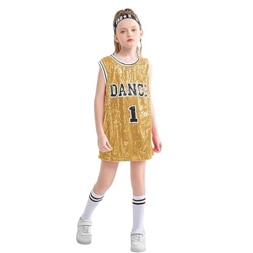 Image of LOLANTA Girls Sequins Dance Costume Hip Hop Dancewear Sparkle Sleeveless Tank Top Dress, Gold, 8-9 Years, Tag 140
