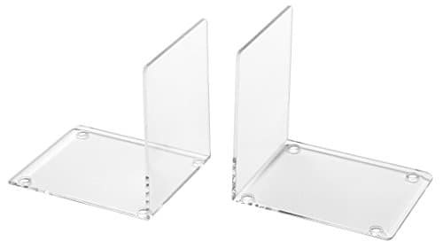 Image of OSCO Acrylic Bookends with Clear Rubber Pads Non Slip, Stylish Book Supports for Desk, Office, Shelf, Home, Modern Design, H10.2 x W8 x D10 cm, Clear, Small, 2 Pieces
