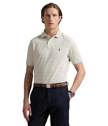 Image of Polo Ralph Lauren Mens Classic Fit Striped Mesh Polo Shirt, Classic Khaki/White, XXL