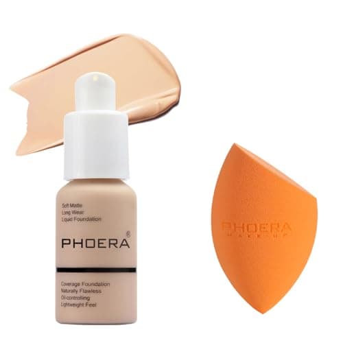 Image of ABRUS® - Phoera Foundation Makeup, Full Coverage, Soft Matte Oil Control Concealer, Liquid Foundation, Long Lasting 24HR Waterproof and Blendable 30ml (102 Nude & Makeup Sponge)