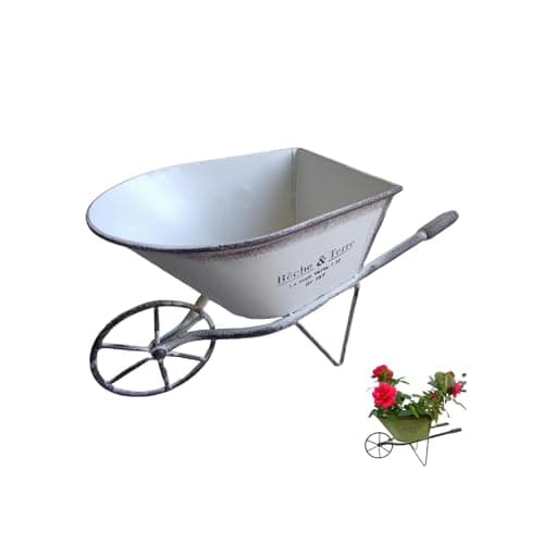 Image of Vintage Iron Small Wheelbarrow Planter, Rustic Finish Wooden Garden Ornament, Wheelbarrow Planters for Flowers & Plants Decorative,Raised Flower Pot for Patio Yard Balcony (White)