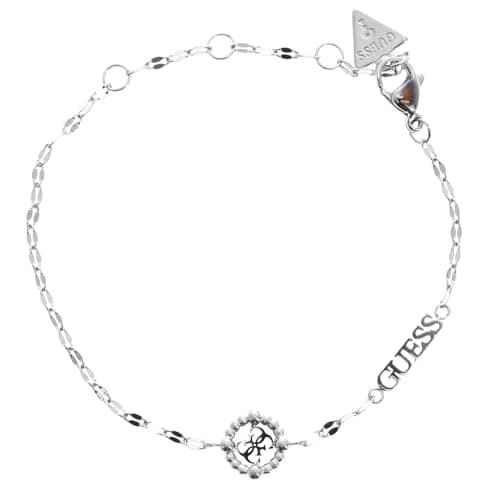 Image of Guess Tiny Dancer Collection Women's Bracelet in Rhodium-Plated Steel with Logo with 4 G. Size S 14.5 cm + 3.8 cm. The reference is JUBB04644JWRHS
