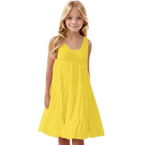 Image of duxyoz Girl's Sundresses Summer Sleeveless Casual Midi Dress Loose Fit Skater Twirl A Line Party Dress Kids Solid Color Round Neck Boho Beach Sundress Girls Playwear Clothing Yellow 13-14 Years