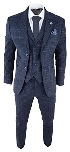 Image of Mens Tweed 3 Piece Suit Blue Check Vintage 1920s Gatsby Blinders Tailored Fit - Blue 36