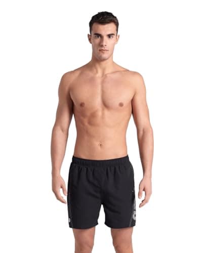 Image of ARENA Fundamentals Logo Boxer R Men's Swimwear, Swim Short for Beach and Pool, Swimwear Made of Soft Recycled Fabric with Quick Drying Feature, Beach Boxer with Internal Mesh Briefs Black-White