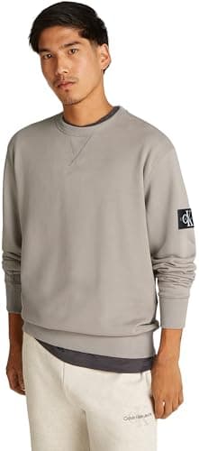 Image of Calvin Klein Men’s Crew Neck Badge Cotton Sweatshirt, Grey (Rock Ridge), XS