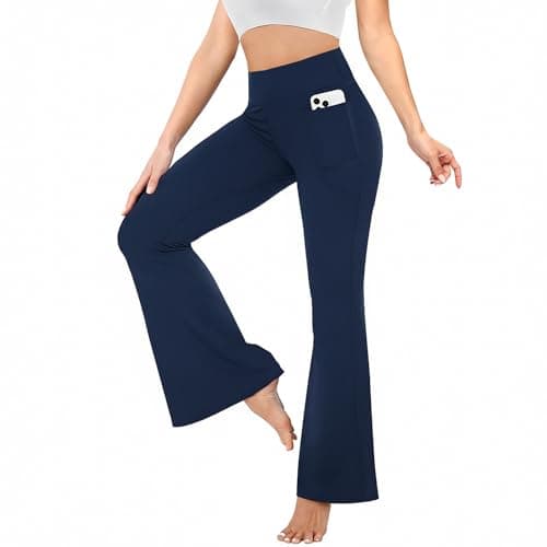 Image of Fiohiros Flared Leggings Women with Pockets, High Waist Tummy Control Bootcut Pants, Stretchy Yoga Leggings for Yoga Gym Workout (UK, Alpha, S, Regular, Regular, Navy Blue)