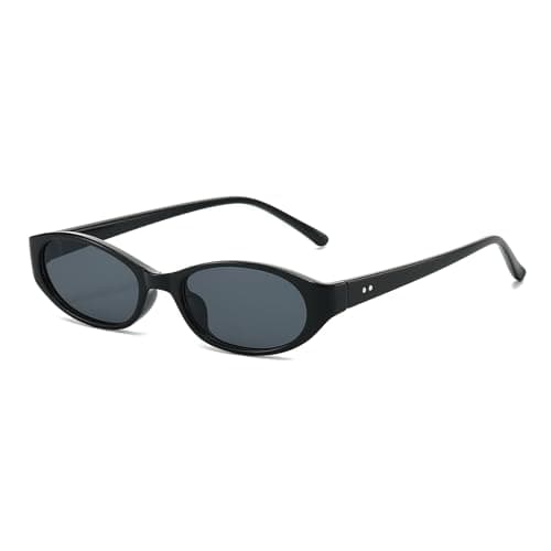 Image of LJCZKA Retro Oval Sunglasses for Women Ladies Small Narrow Cat Eye Sunglasses 90s Trendy Shades UV400 Protection for Beach Travel (Black Grey)