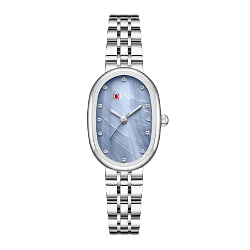 Image of OFNS Women's Watch with Diamond-Studded Oval Dial Classic Fashion Stainless Steel Ladies Quartz Wristwatch (Steel Bracelet Silver-Blue)