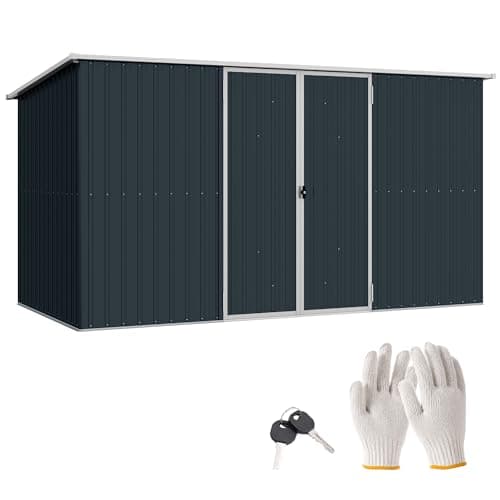 Image of Outsunny 11 x 5.6ft Galvanised Steel Garden Shed, Garden Storage Shed, Metal Shed with Gloves and Lockable Doors for Outdoor Garden, Patio, Grey
