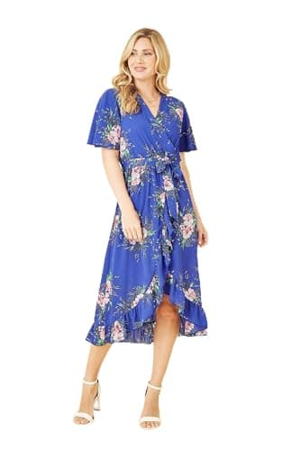 Image of Mela London Mela Blue Floral Dip Hem Wrap Midi Dress 10 Blue