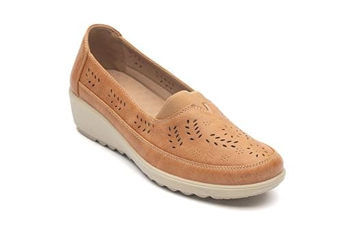 Image of Cushion Walk Womens Slip-On Wedge Loafer, Dina, Closed Toe, Synthetic Upper, Casual Comfort Flat Shoe (Camel, UK Footwear Size System, Adult, Women, Numeric, Medium, 5)
