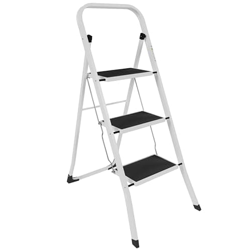 Image of Home Vida 3 Step Ladder - Heavy Duty Steel Folding Step Ladder with Anti Slip feet and Wide Steps, Space Saving,150kg Max Load, Home/Kitchen/DIY/Garden Use, White