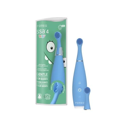 Image of FOREO ISSA 4 Baby – Silicone Sonic Electric Toothbrush Bundle for Babies, 2-Sided Bristles, Fun Smile Feature, Gum Massage, 12 Months of Care with Extra Electric Toothbrush Head, Bubble Blue