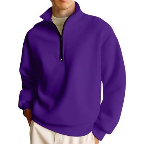 Image of Men's Half Zip Pullover Sweatshirt, Warm Fleece Lined Quarter Zip Jumper with Stand Collar, Casual Long Sleeve Top for Daily & Outdoor Wear Purple