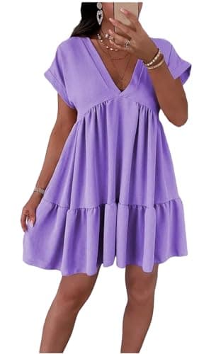 Image of Womens Smock Ruffle Frill Hanky Hem Pull Over Party Wear Dress Ladies Itailan Swing Pleated Mini Dress One Size Fit 8-22 Lilac