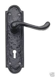 Image of Black Antique Victorian Scroll Door Handles on Shaped Backplate Lever Lock