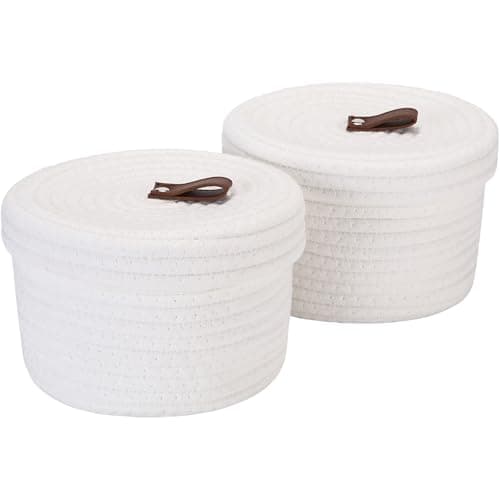 Image of Sea Team 2-Pack Cotton Rope Storage Basket Set, Round Lidded Organizer Bin for Home Bathroom Desk, 2-Liter Multi-Use Container for Toys Toiletries, White