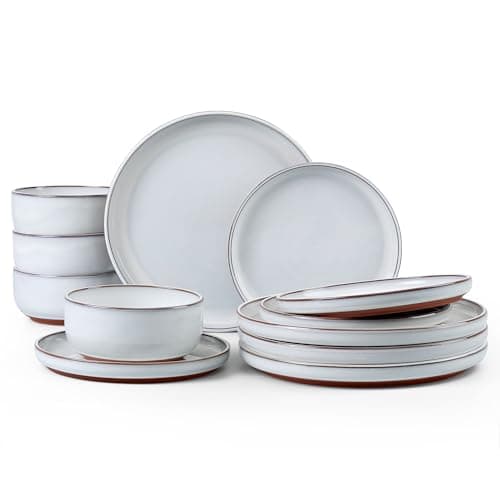 Image of HaWare 12 Piece Dinner Set, Stoneware Dinnerware Set for 4, Reactive Glaze Dining Ware Plates and Bowls Set with Rustic Terracotta Base, Scratch Resistant, Microwave & Dishwasher Safe, Glacier White