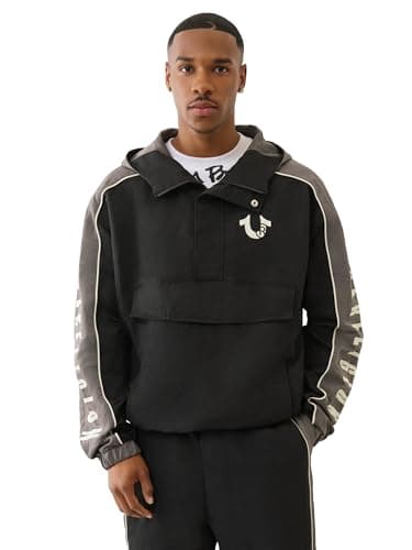 Image of True Religion Men's Colorblock Anorak Jacket Hooded Sweatshirt, Jet Black/Imperial Blue, XXL