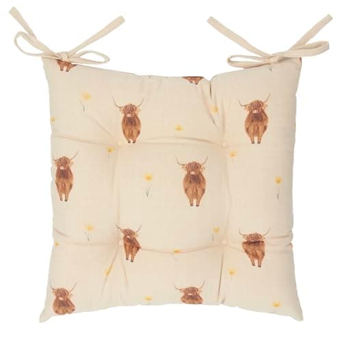 Image of furn. Wylder Ramble Highland Cow Seat Pads – Pack of 2 – Rustic Natural Farmhouse Style Slub Cotton Tie Chair Cushions (Natural – 40x40cm)