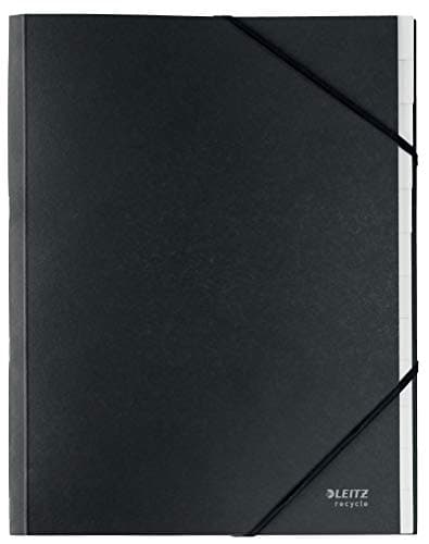 Image of Leitz A4 Card Divider Book File, Integrated Index with 12 Compartments, Elastic Band Closure, 100% Recyclable, Eco Friendly, Recycle Range, 39150095, Black