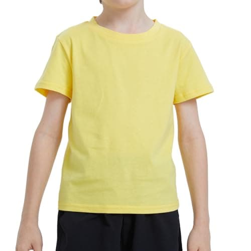 Image of Ewbob Kids Cotton Plain T-Shirt Lightweight T Shirt Short Sleeve Boys Girls Breathable Tee Tops for Children Classic Casual Unisex Shirts for Age 3-14 Years(C14-Yellow-13-14Y)