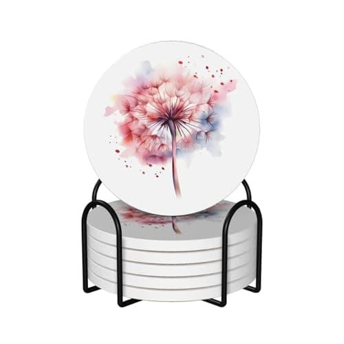 Image of Watercolor Dandelions Ceramic Coaster Set Of 6 Absorbent Drink Coasters With Cork Back Round Holder Non Slip Table Protection For Coffee Table Kitchen Bar Home Decor