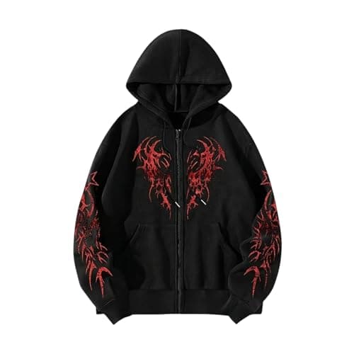 Image of ZDSUHYIW Hooded Jacket Men's Zip Up Hoodie Y2K Hoodie Gothic Punk Print Hoodies Sweatshirt Baggy Hoody Men Vintage Long Sleeve Sweatshirt Streetwear Leisure Jacket Sweat Jacket, Black (black 4), L