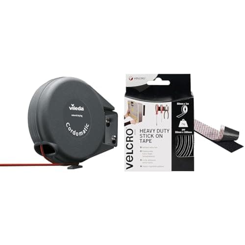 Image of Vileda Cordomatic Retractable Washing Line with 15m Outdoor Clothes Line & VELCRO Brand Heavy Duty Stick On Tape Cut-to-Length Industrial Extra Strong Double Sided Hook