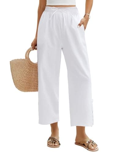 Image of Niwicee Womens Trousers Summer 7/8 Length Cotton Cropped Trousers with Elasticated Waist Ladies Lightweight Wide Leg Lounge Pants Casual Hollow Beach Bottoms with Pockets(White,XXL)